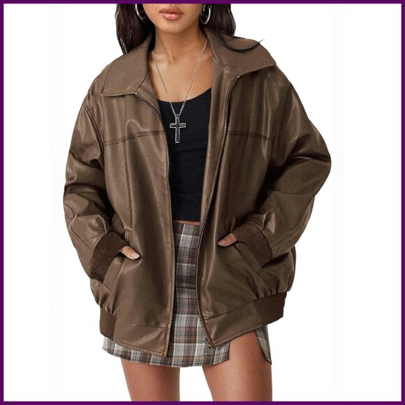Oversized Faux Leather Motorcycle Jacket Women's Bomber Zip Up